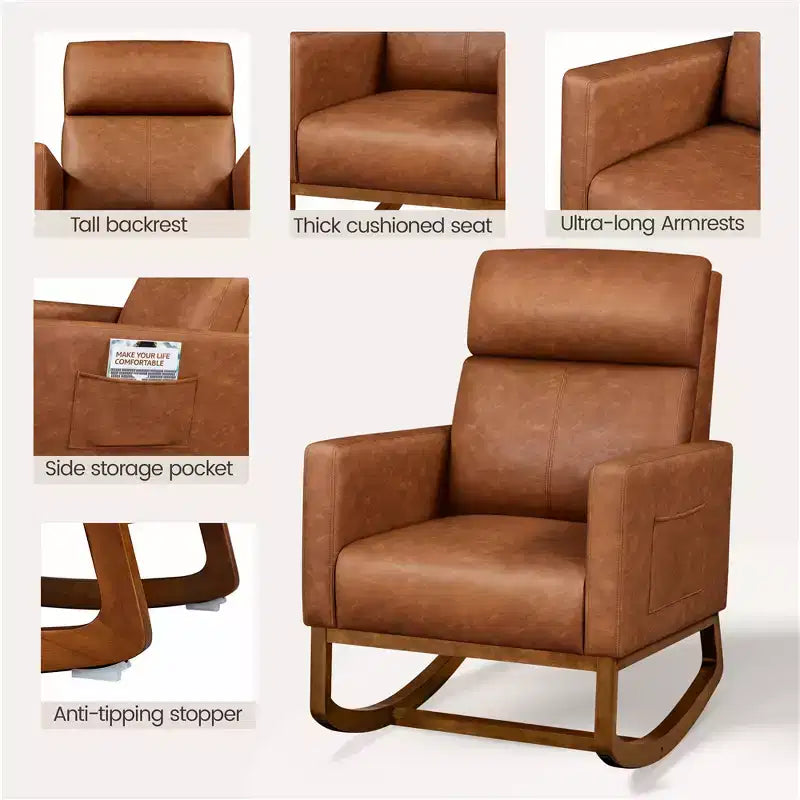 Yaheetech Faux Leather Upholstered Rocking Chair with Rubberwood Legs Brown