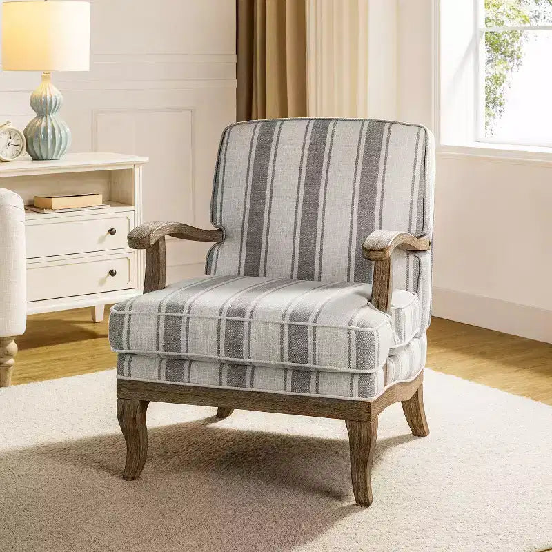 Fauteuil Rinaldo à Rayures de Style Ferme avec Accoudoirs en Bois Massif pour Salon, Salle de Séjour, Chambre | ART OF LIVING DESIGNS