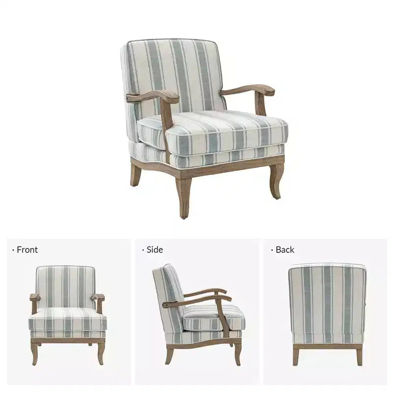 Fauteuil Rinaldo à Rayures de Style Ferme avec Accoudoirs en Bois Massif pour Salon, Salle de Séjour, Chambre | ART OF LIVING DESIGNS