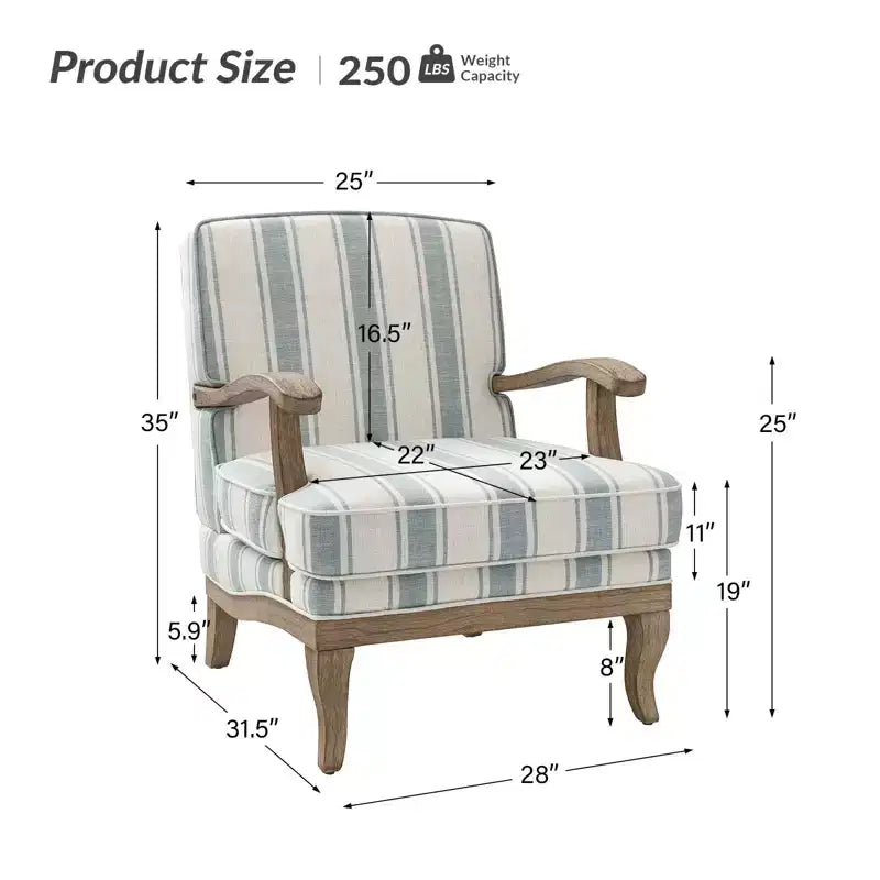Fauteuil Rinaldo à Rayures de Style Ferme avec Accoudoirs en Bois Massif pour Salon, Salle de Séjour, Chambre | ART OF LIVING DESIGNS