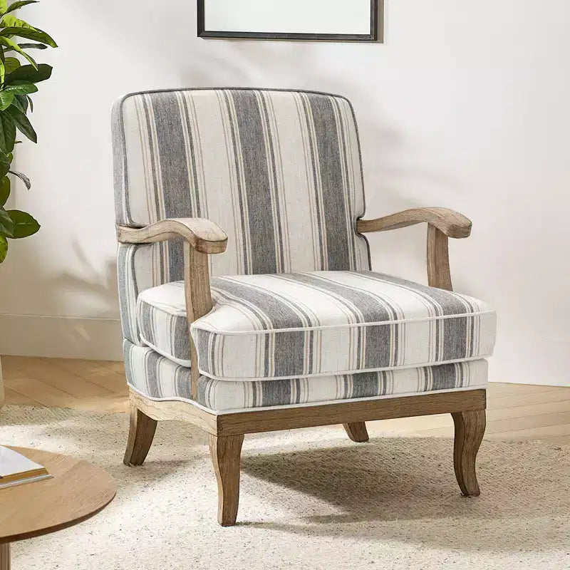 Fauteuil Rinaldo à Rayures de Style Ferme avec Accoudoirs en Bois Massif pour Salon, Salle de Séjour, Chambre | ART OF LIVING DESIGNS