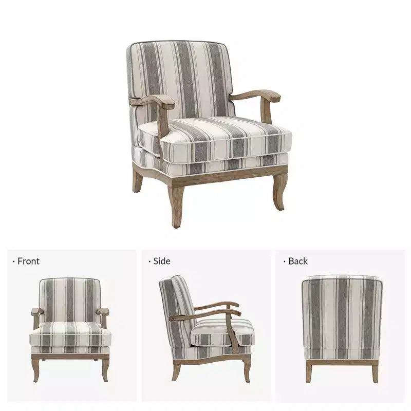 Fauteuil Rinaldo à Rayures de Style Ferme avec Accoudoirs en Bois Massif pour Salon, Salle de Séjour, Chambre | ART OF LIVING DESIGNS