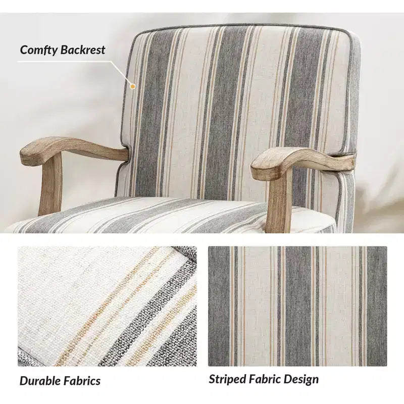 Fauteuil Rinaldo à Rayures de Style Ferme avec Accoudoirs en Bois Massif pour Salon, Salle de Séjour, Chambre | ART OF LIVING DESIGNS