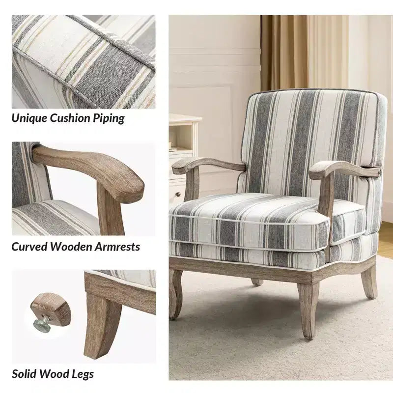 Fauteuil Rinaldo à Rayures de Style Ferme avec Accoudoirs en Bois Massif pour Salon, Salle de Séjour, Chambre | ART OF LIVING DESIGNS