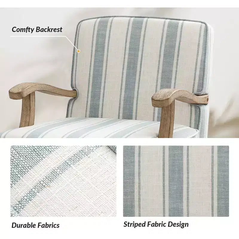 Fauteuil Rinaldo à Rayures de Style Ferme avec Accoudoirs en Bois Massif pour Salon, Salle de Séjour, Chambre | ART OF LIVING DESIGNS