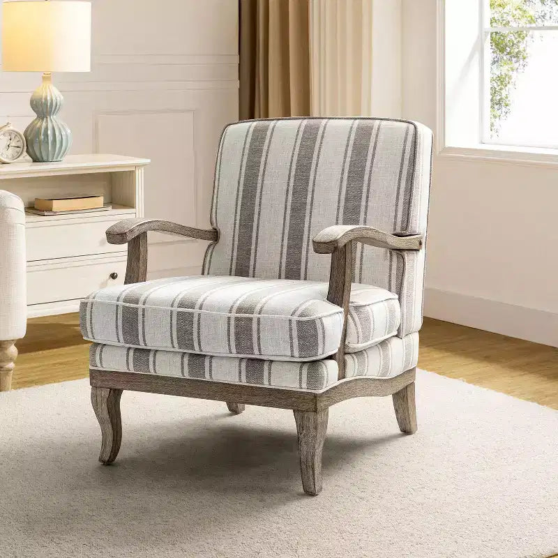 Fauteuil Rinaldo à Rayures de Style Ferme avec Accoudoirs en Bois Massif pour Salon, Salle de Séjour, Chambre | ART OF LIVING DESIGNS