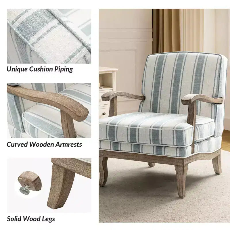 Fauteuil Rinaldo à Rayures de Style Ferme avec Accoudoirs en Bois Massif pour Salon, Salle de Séjour, Chambre | ART OF LIVING DESIGNS