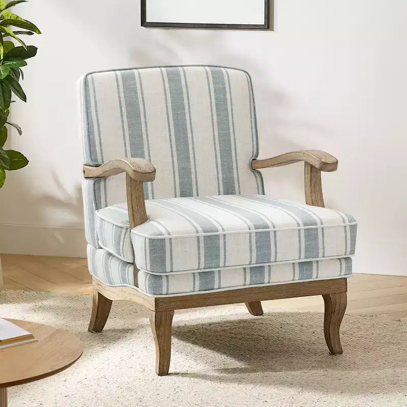 Fauteuil Rinaldo à Rayures de Style Ferme avec Accoudoirs en Bois Massif pour Salon, Salle de Séjour, Chambre | ART OF LIVING DESIGNS