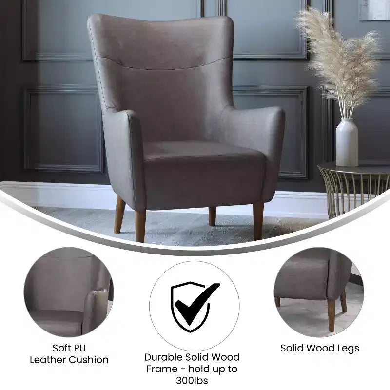 Merrick Lane Traditional Wingback Accent Chair, Faux Leather Upholstery and Wooden Frame and Legs