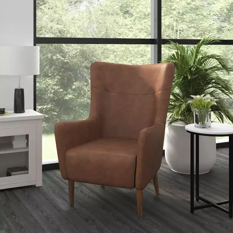 Merrick Lane Traditional Wingback Accent Chair, Faux Leather Upholstery and Wooden Frame and Legs