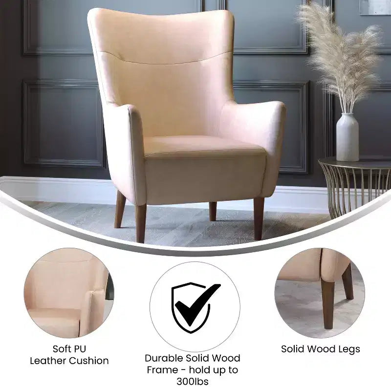 Merrick Lane Traditional Wingback Accent Chair, Faux Leather Upholstery and Wooden Frame and Legs