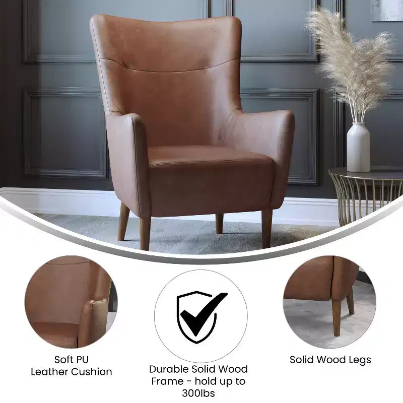 Merrick Lane Traditional Wingback Accent Chair, Faux Leather Upholstery and Wooden Frame and Legs