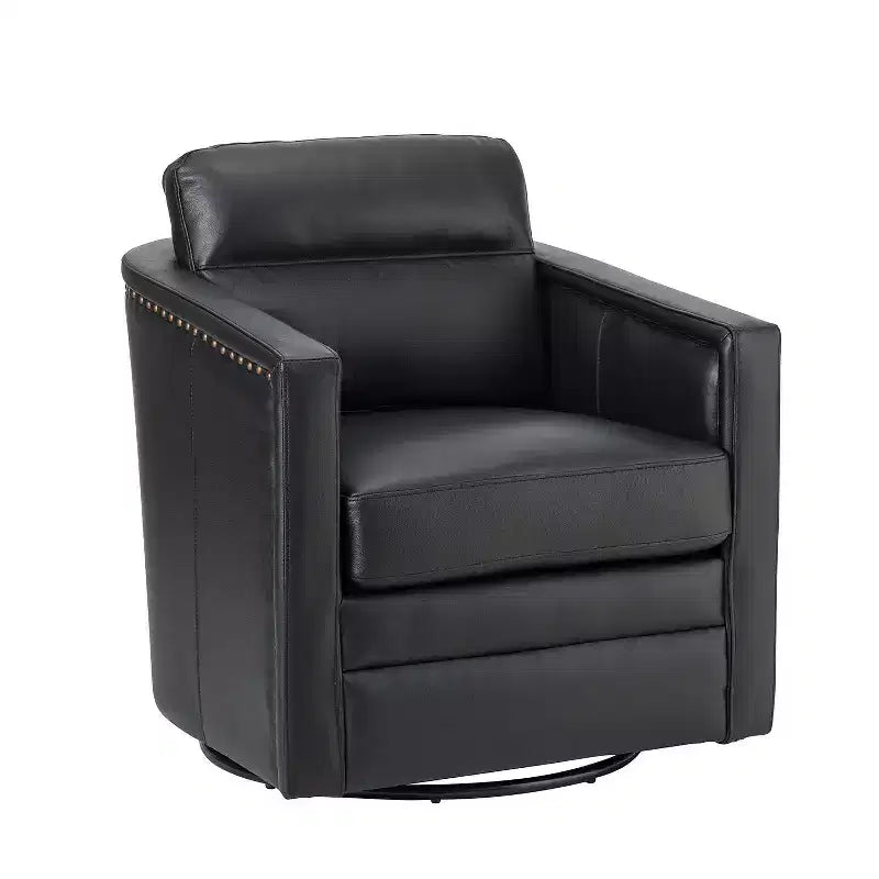 Eulalia 28.74 Wooden Upholstery Wide Genuine Leather Swivel Chair with Swivel Metal Base and Squared Arms| ART OF LIVING DESIGNS-BLACK