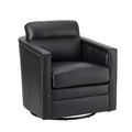 Eulalia 28.74 Wooden Upholstery Wide Genuine Leather Swivel Chair with Swivel Metal Base and Squared Arms| ART OF LIVING DESIGNS-BLACK