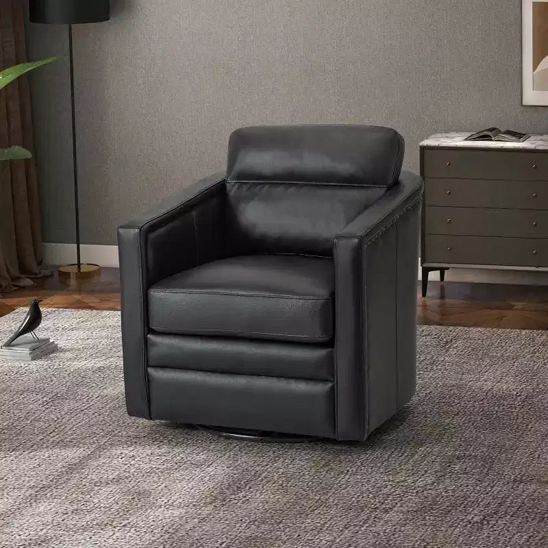 Eulalia 28.74 Wooden Upholstery Wide Genuine Leather Swivel Chair with Swivel Metal Base and Squared Arms| ART OF LIVING DESIGNS-BLACK