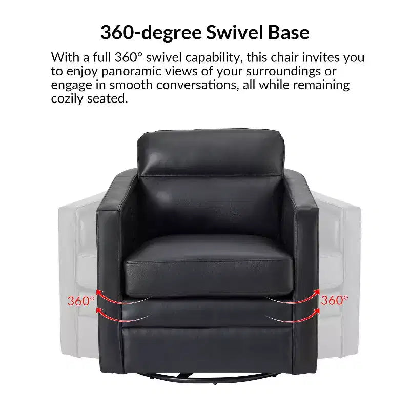 Eulalia 28.74 Wooden Upholstery Wide Genuine Leather Swivel Chair with Swivel Metal Base and Squared Arms| ART OF LIVING DESIGNS-BLACK