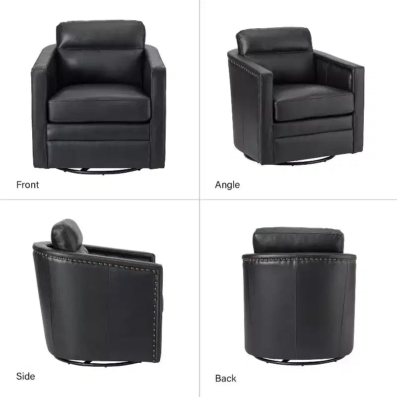 Eulalia 28.74 Wooden Upholstery Wide Genuine Leather Swivel Chair with Swivel Metal Base and Squared Arms| ART OF LIVING DESIGNS-BLACK
