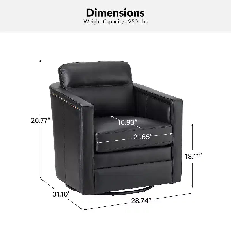 Eulalia 28.74 Wooden Upholstery Wide Genuine Leather Swivel Chair with Swivel Metal Base and Squared Arms| ART OF LIVING DESIGNS-BLACK