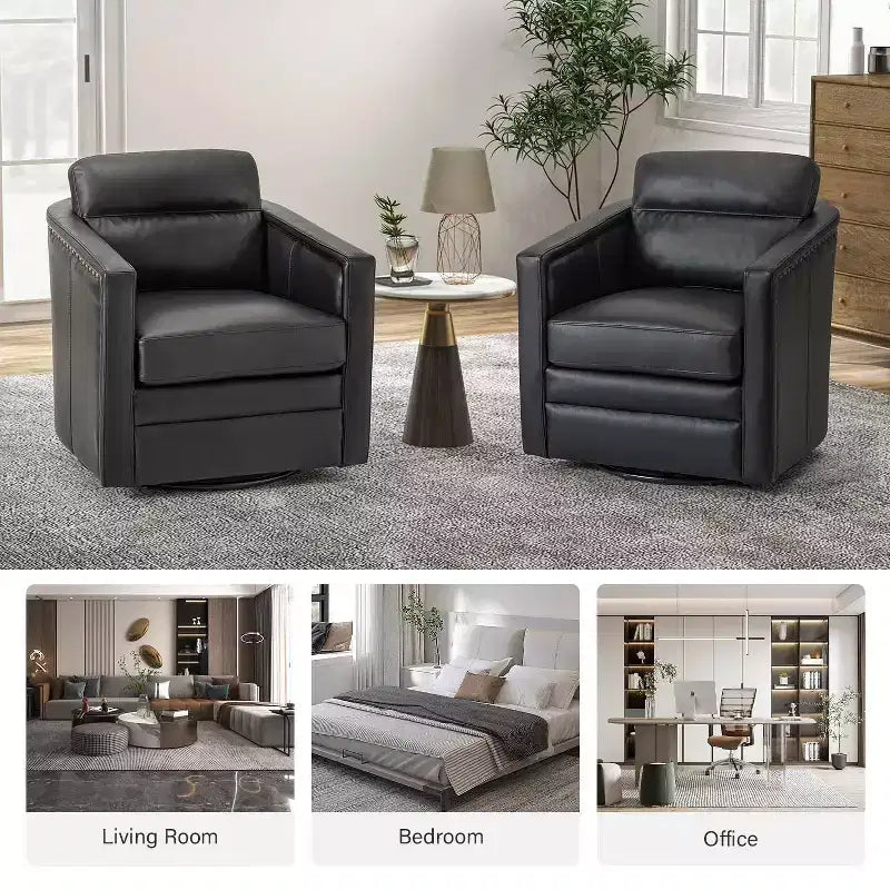 Eulalia 28.74 Wooden Upholstery Wide Genuine Leather Swivel Chair with Swivel Metal Base and Squared Arms| ART OF LIVING DESIGNS-BLACK