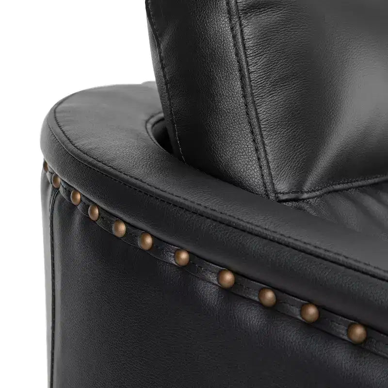 Eulalia 28.74 Wooden Upholstery Wide Genuine Leather Swivel Chair with Swivel Metal Base and Squared Arms| ART OF LIVING DESIGNS-BLACK