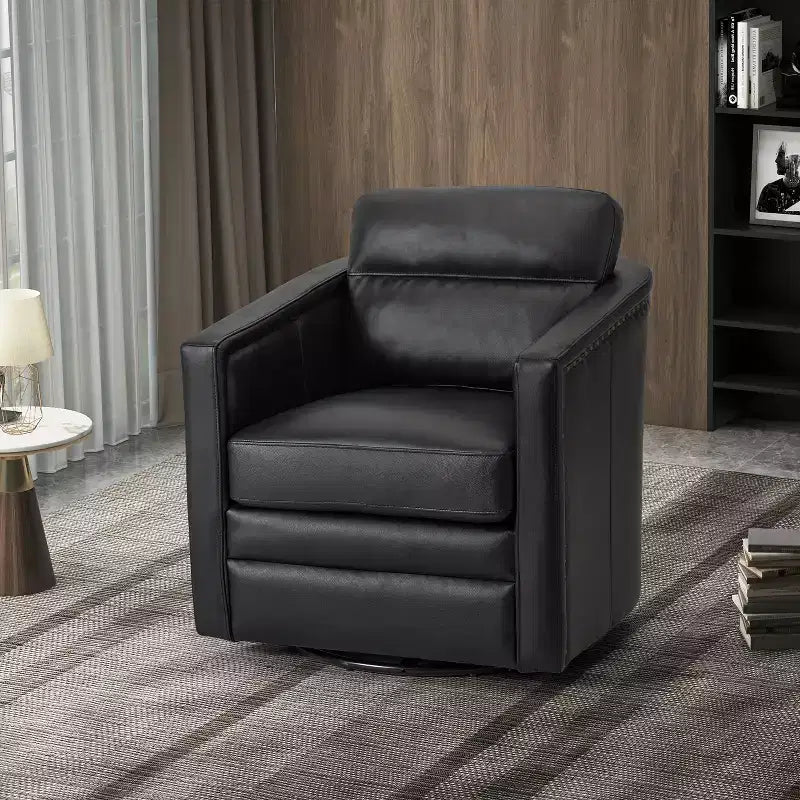 Eulalia 28.74 Wooden Upholstery Wide Genuine Leather Swivel Chair with Swivel Metal Base and Squared Arms| ART OF LIVING DESIGNS-BLACK