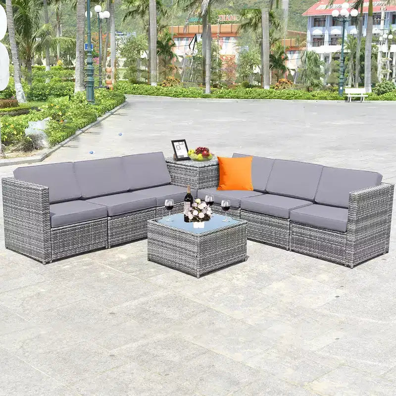 Costway Ensemble de Meubles de Patio en Rotin Tressé 8 Pièces avec Canapé en Osier et Rangement Extérieur