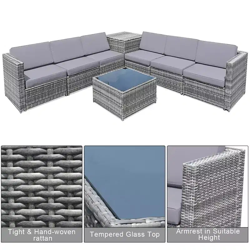 Costway Ensemble de Meubles de Patio en Rotin Tressé 8 Pièces avec Canapé en Osier et Rangement Extérieur