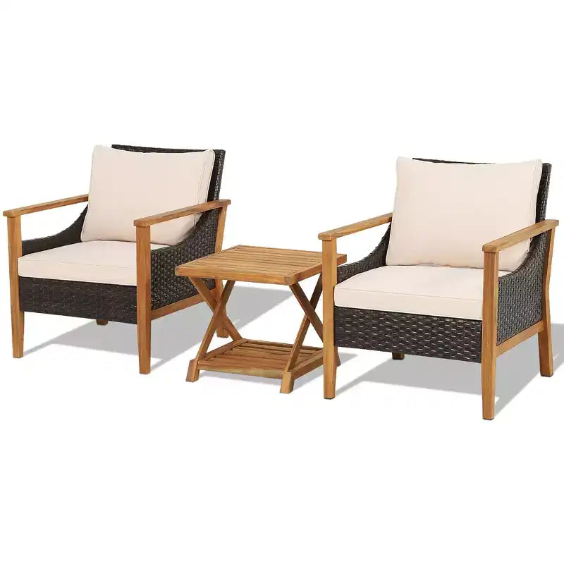 Costway Salon de jardin 3 pièces en rotin avec coussins et fauteuils, et table d'appoint à 2 niveaux, pour balcon