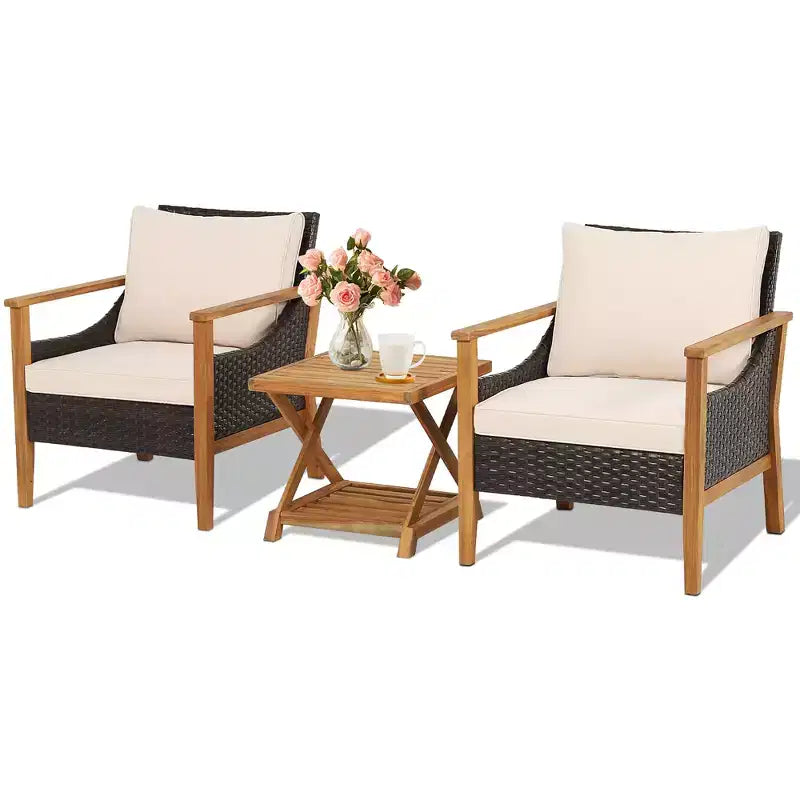 Costway Salon de jardin 3 pièces en rotin avec coussins et fauteuils, et table d'appoint à 2 niveaux, pour balcon