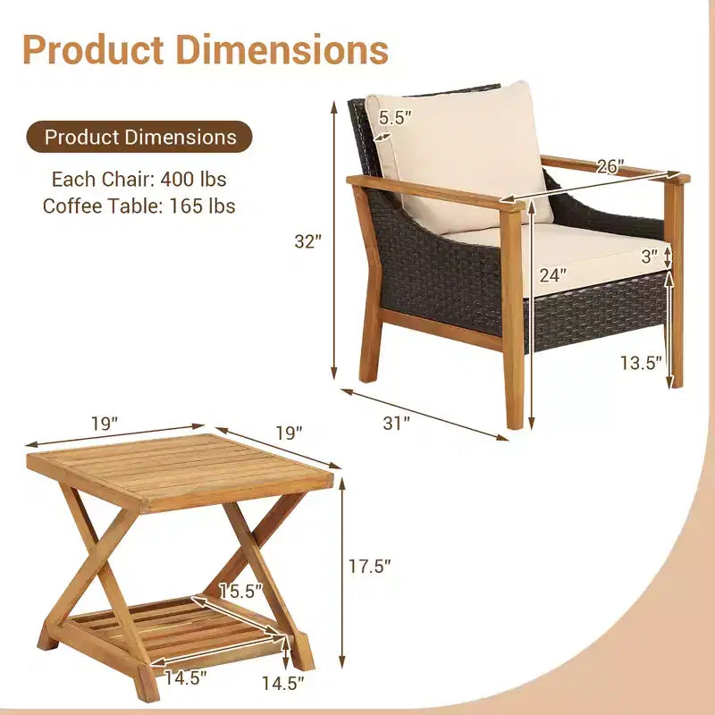 Costway Salon de jardin 3 pièces en rotin avec coussins et fauteuils, et table d'appoint à 2 niveaux, pour balcon
