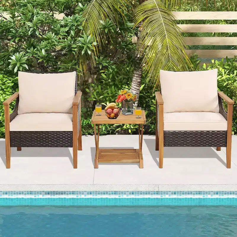 Costway Salon de jardin 3 pièces en rotin avec coussins et fauteuils, et table d'appoint à 2 niveaux, pour balcon