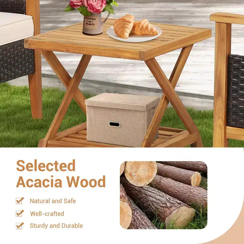 Costway Salon de jardin 3 pièces en rotin avec coussins et fauteuils, et table d'appoint à 2 niveaux, pour balcon