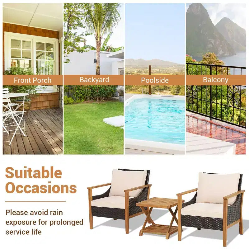 Costway Salon de jardin 3 pièces en rotin avec coussins et fauteuils, et table d'appoint à 2 niveaux, pour balcon