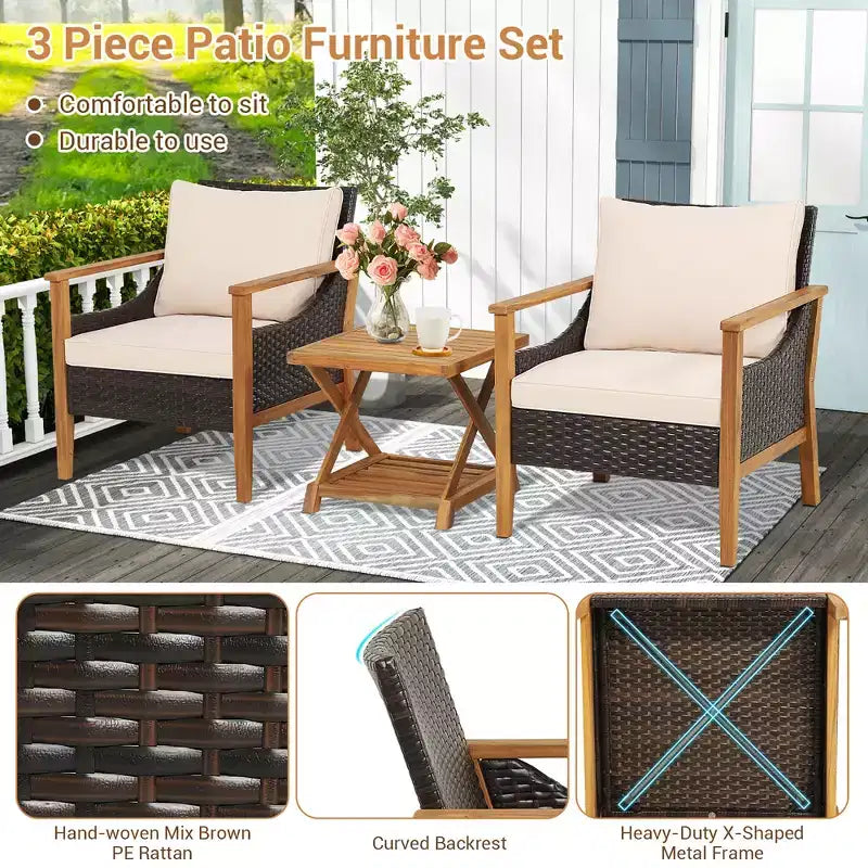 Costway Salon de jardin 3 pièces en rotin avec coussins et fauteuils, et table d'appoint à 2 niveaux, pour balcon