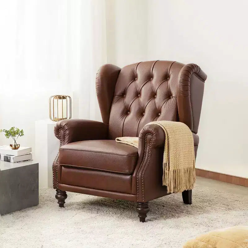 Amanda 33 Wide Genuine Leather Wingback Armchair with Solid Tapered Wood Legs and Nailhead Trim| ART OF LIVING DESIGNS