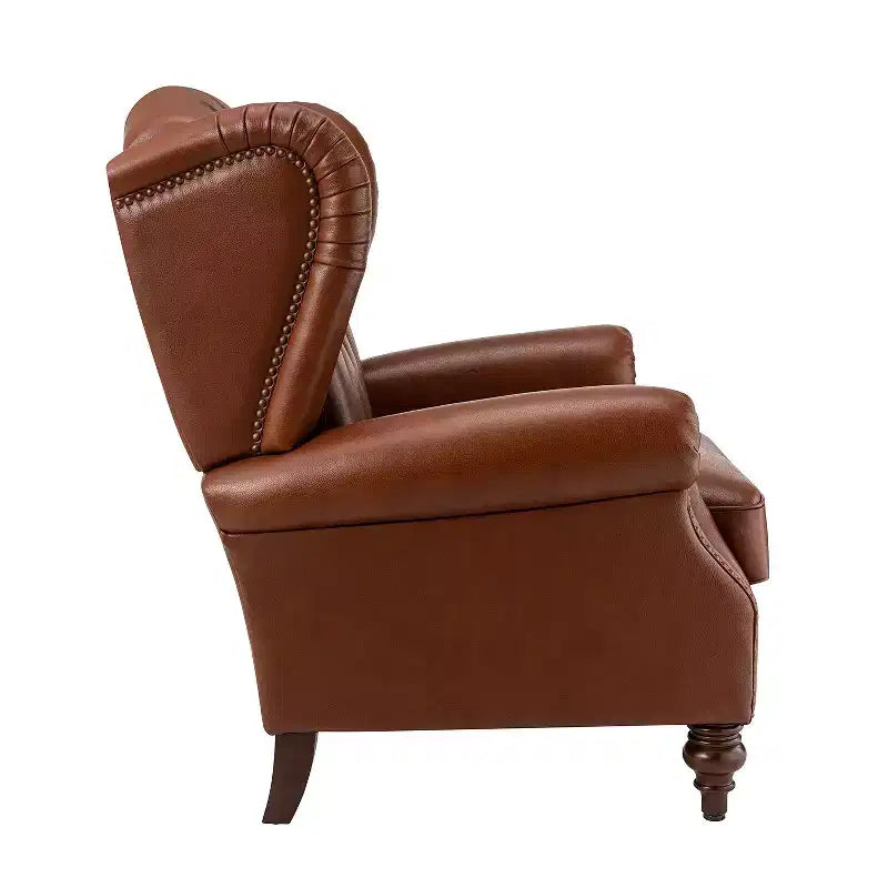 Amanda 33 Wide Genuine Leather Wingback Armchair with Solid Tapered Wood Legs and Nailhead Trim| ART OF LIVING DESIGNS