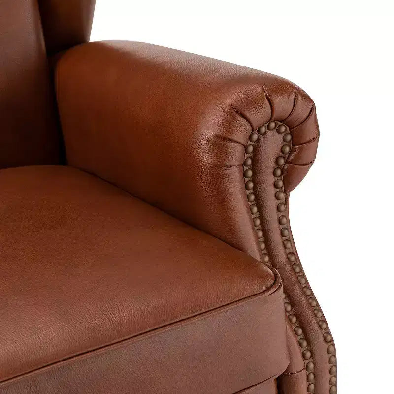 Amanda 33 Wide Genuine Leather Wingback Armchair with Solid Tapered Wood Legs and Nailhead Trim| ART OF LIVING DESIGNS