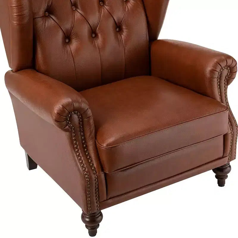 Amanda 33 Wide Genuine Leather Wingback Armchair with Solid Tapered Wood Legs and Nailhead Trim| ART OF LIVING DESIGNS