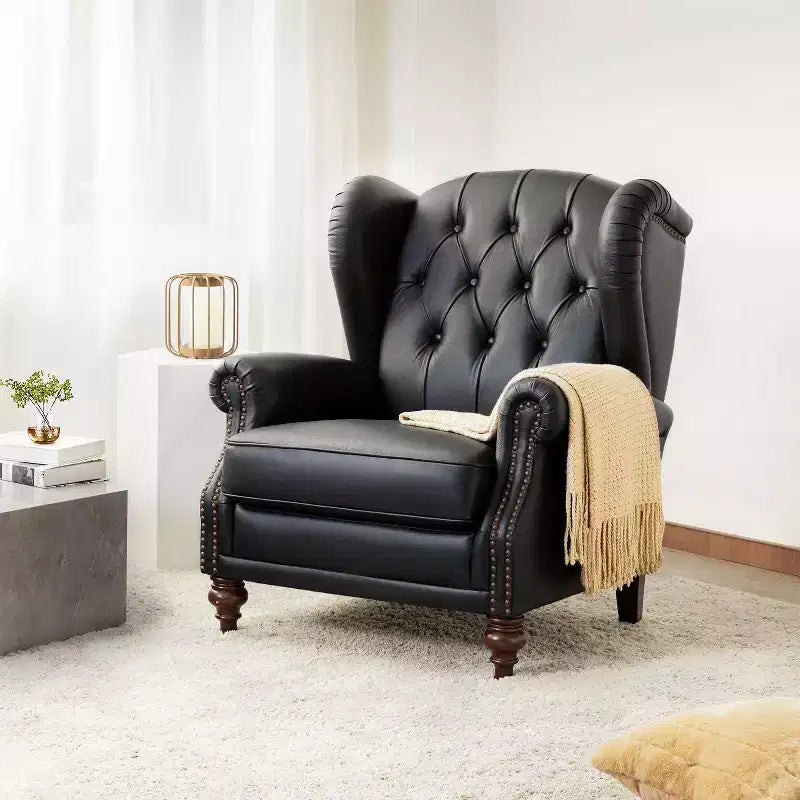 Amanda 33 Wide Genuine Leather Wingback Armchair with Solid Tapered Wood Legs and Nailhead Trim| ART OF LIVING DESIGNS