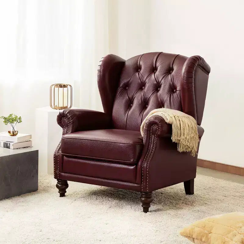 Amanda 33 Wide Genuine Leather Wingback Armchair with Solid Tapered Wood Legs and Nailhead Trim| ART OF LIVING DESIGNS