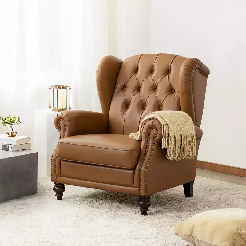 Amanda 33 Wide Genuine Leather Wingback Armchair with Solid Tapered Wood Legs and Nailhead Trim| ART OF LIVING DESIGNS