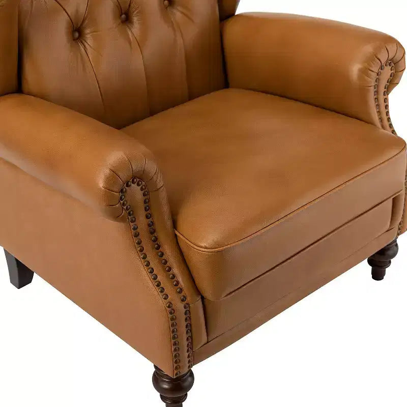 Amanda 33 Wide Genuine Leather Wingback Armchair with Solid Tapered Wood Legs and Nailhead Trim| ART OF LIVING DESIGNS