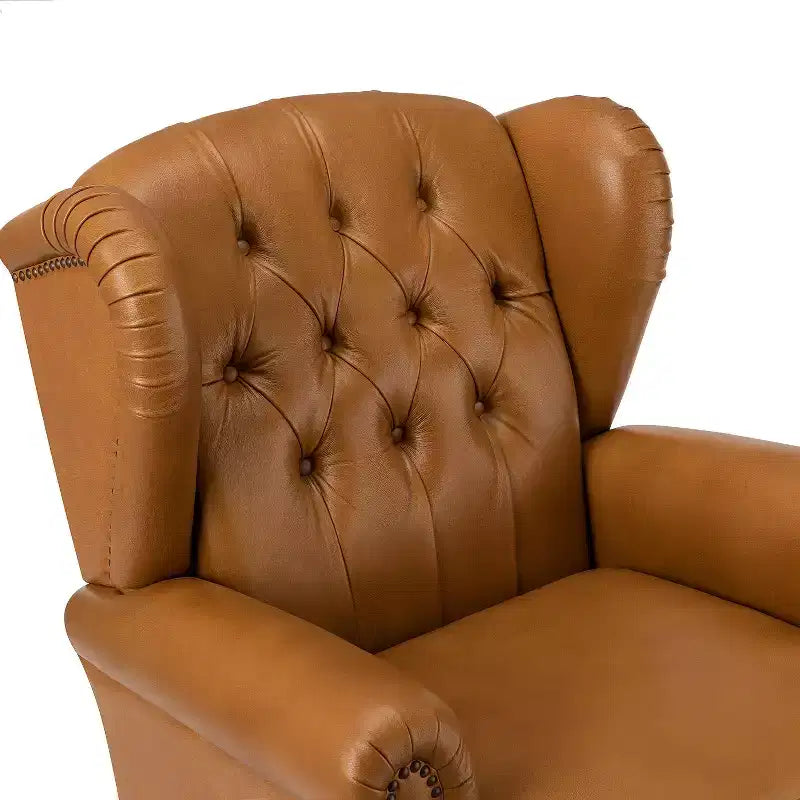 Amanda 33 Wide Genuine Leather Wingback Armchair with Solid Tapered Wood Legs and Nailhead Trim| ART OF LIVING DESIGNS