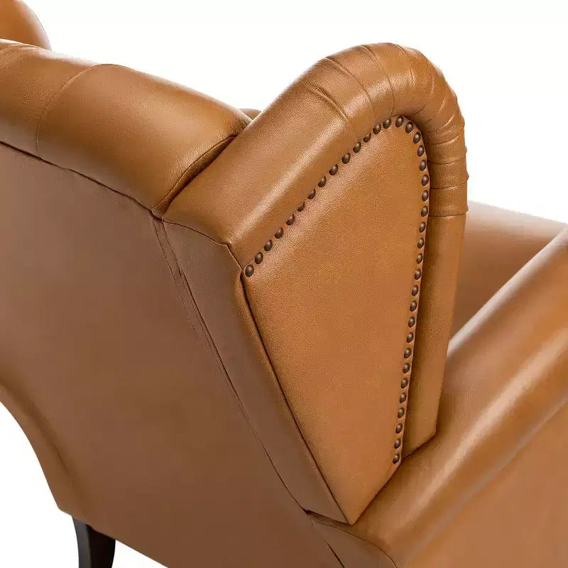 Amanda 33 Wide Genuine Leather Wingback Armchair with Solid Tapered Wood Legs and Nailhead Trim| ART OF LIVING DESIGNS