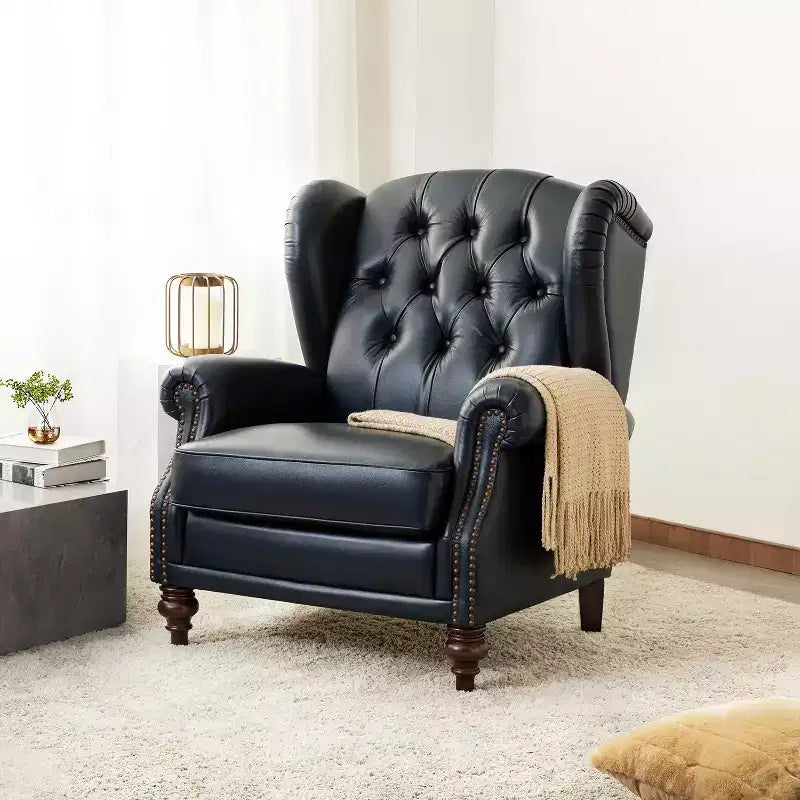 Amanda 33 Wide Genuine Leather Wingback Armchair with Solid Tapered Wood Legs and Nailhead Trim| ART OF LIVING DESIGNS