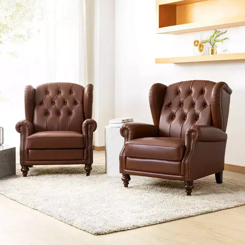 Set of 2 Amanda 33 Wide Genuine Leather Wingback Armchair with Solid Tapered Wood Legs and Nailhead Trim| ART OF LIVING DESIGNS