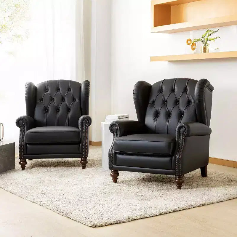Set of 2 Amanda 33 Wide Genuine Leather Wingback Armchair with Solid Tapered Wood Legs and Nailhead Trim| ART OF LIVING DESIGNS