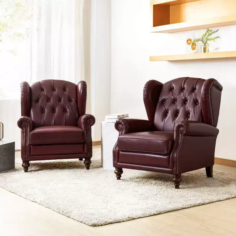 Set of 2 Amanda 33 Wide Genuine Leather Wingback Armchair with Solid Tapered Wood Legs and Nailhead Trim| ART OF LIVING DESIGNS