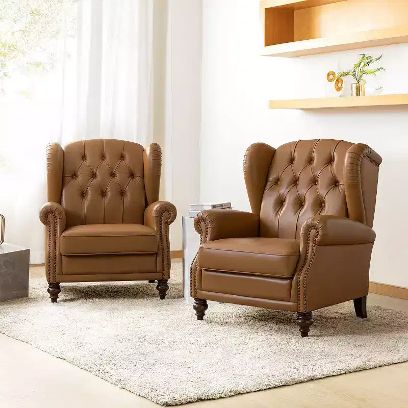 Set of 2 Amanda 33 Wide Genuine Leather Wingback Armchair with Solid Tapered Wood Legs and Nailhead Trim| ART OF LIVING DESIGNS