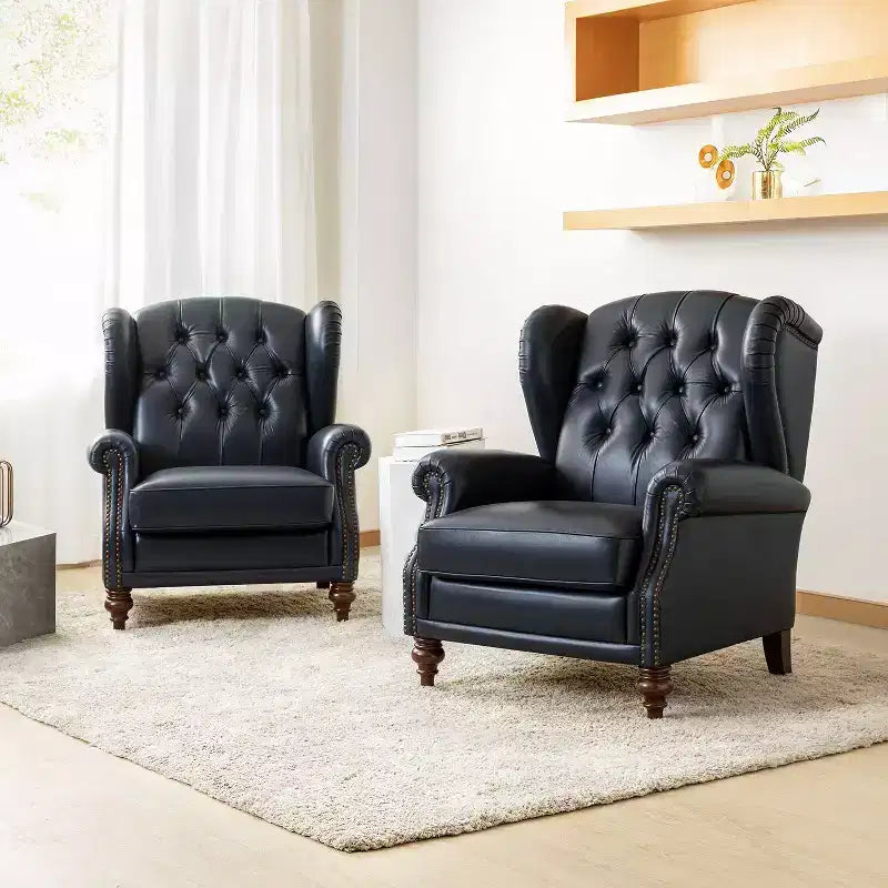 Set of 2 Amanda 33 Wide Genuine Leather Wingback Armchair with Solid Tapered Wood Legs and Nailhead Trim| ART OF LIVING DESIGNS